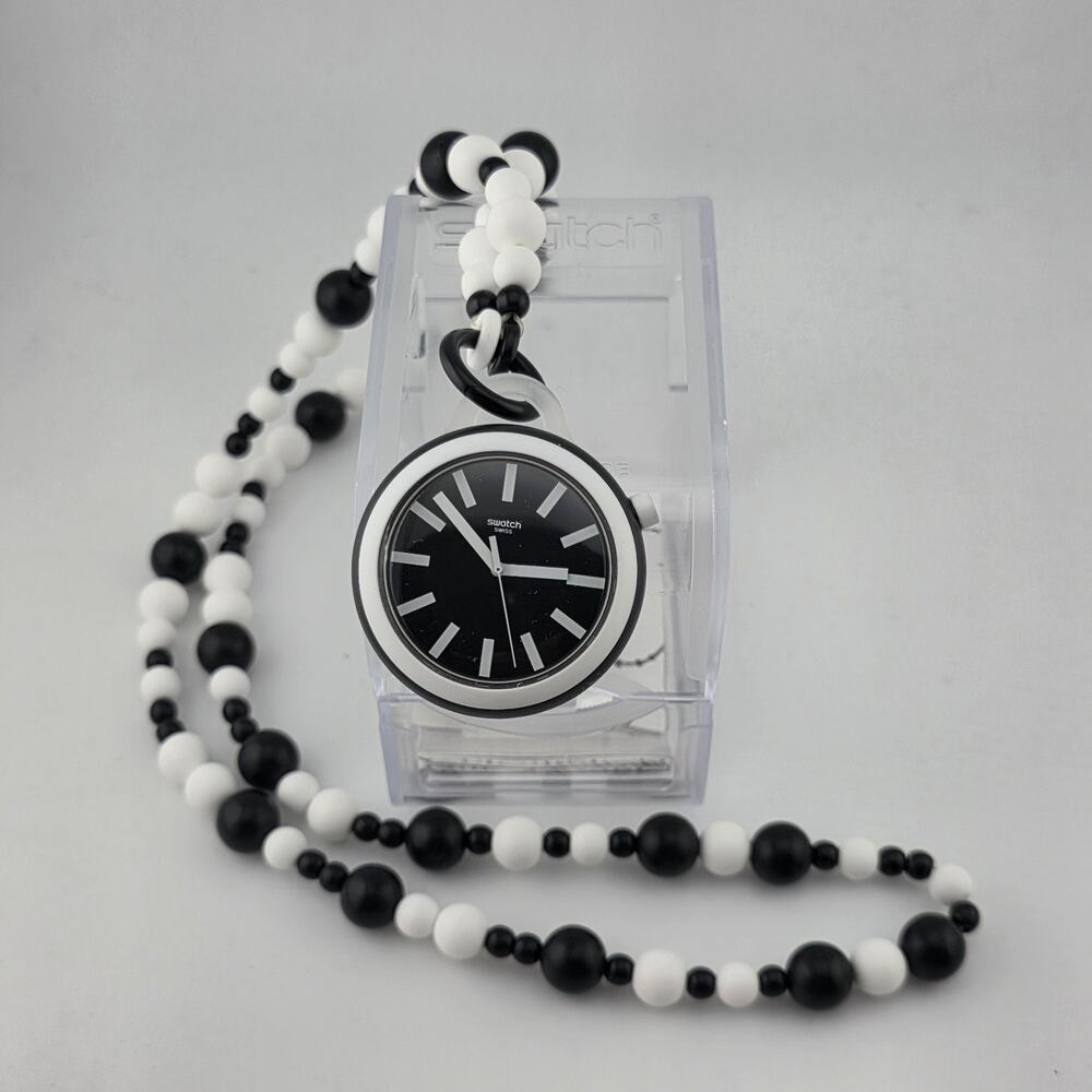 Swatch POPLOOKING BEADS PNB100N Pop Necklace Watch Black White Working Rare Y2k